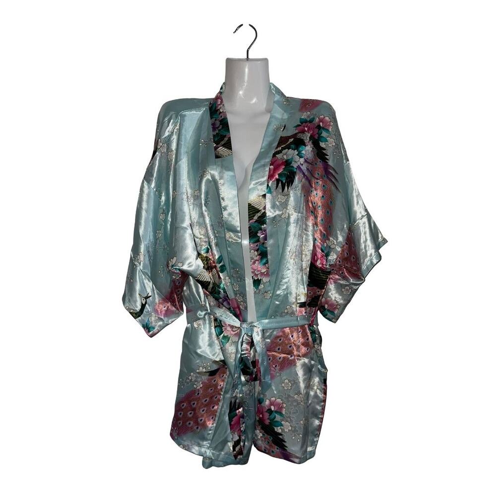 Floral Short Peacock Kimono Robe Blue Teal Satin Fabric Bridesmaid Bride